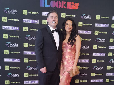 Simon with his partner Vanessa at the Australian Blockchain Industry Awards