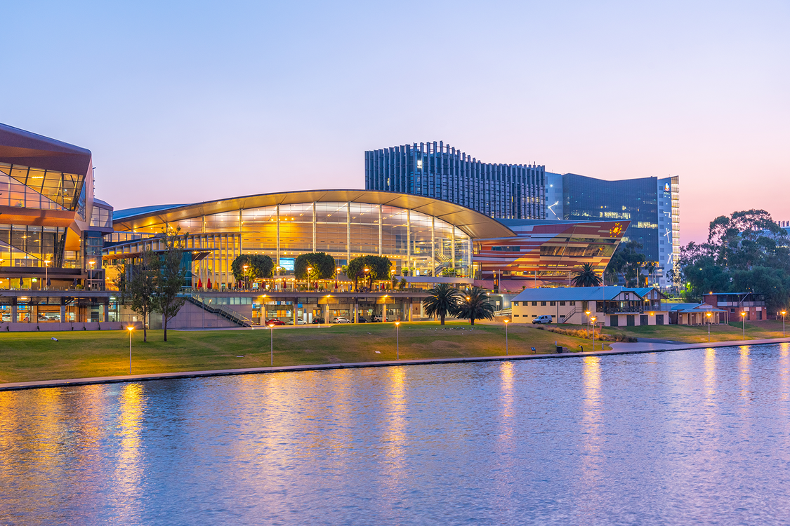 Sunset view of Adelaide Convention center on Riverside of Torrens in Australia