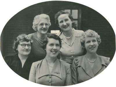 Staff during the 1950s. Back row: Miss Wilson, Mrs Denny. Front row: Mrs Smith, Mrs WIlkinson, Mrs Bessie Hutchinson.